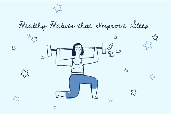 Cartoon image of a young lady down on one knee holding weights above her head depicting the idea that healthy habits improve nighttime sleep