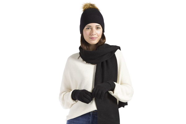 Image of a woman wearing cashmere accessory set as an example of a last minute Valentines Day gift