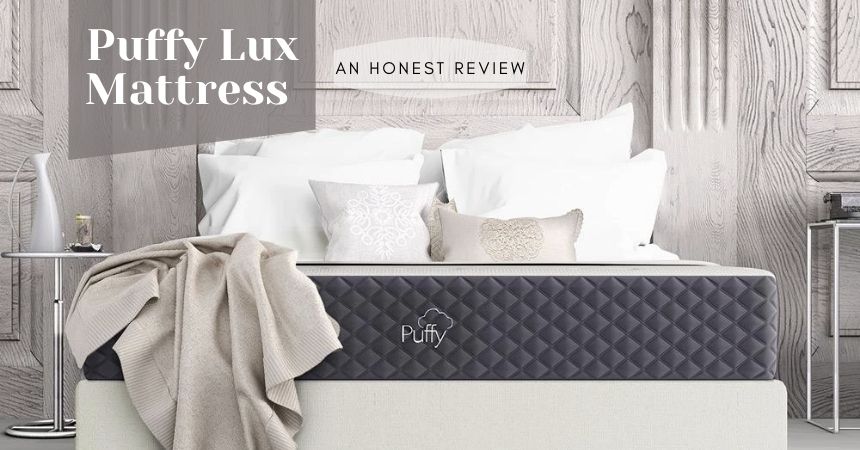 Image of a Puffy Lux mattress in a luxurious bedroom with text overlay "Puffy Lux Mattress: An Honest Review"
